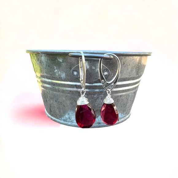 Sterling Silver Ruby Earrings Wire Wrapped , July Birthstone , 40th Anniversary - Picture 6 of 8